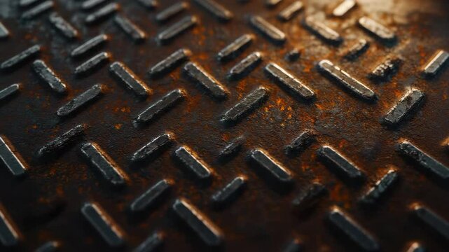 Rusty metal surface close up with raised diamond pattern texture showing corrosion and wear, industrial aged surface featuring detailed weathered texture and warm lighting effects