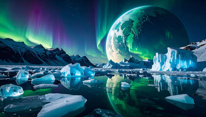 Arctic landscape with vibrant aurora borealis flanking a large, teal-green planet rising above icy mountains and calm, reflective waters scattered with ice floes