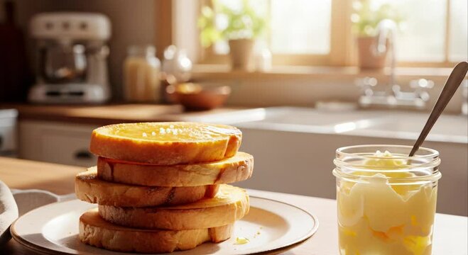 Golden Toasted Bread with Honey & Butter: Breakfast Food Photography - Professional Stock Content