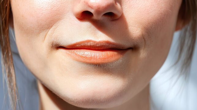 Close up of smiling woman mouth and philtrum area with natural light highlighting skin texture and soft lips, showing subtle expression and fine facial details