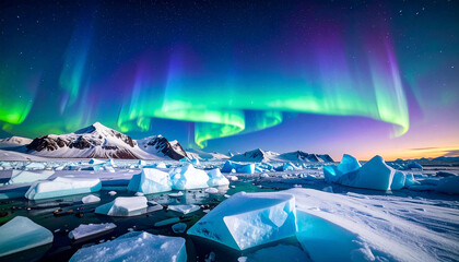 Vibrant aurora borealis arcs over a serene arctic landscape of snow-covered mountains, ice floes, and dark, still water reflecting the celestial display
