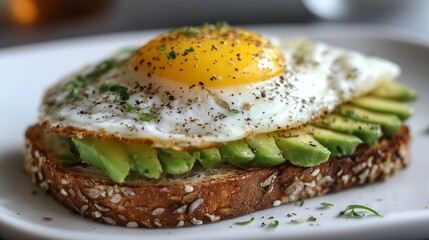 Delicious healthy breakfast or brunch close up view of gourmet avocado toast with perfectly fried egg sunny side up on whole grain bread with fresh herbs and seasoning vibrant