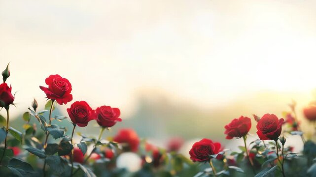 Red rose flower garden bloom with soft sunlight and green leaves creating romantic outdoor nature scene full of fresh petals and peaceful floral beauty in summer season