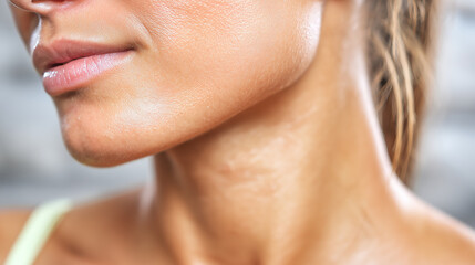 Obraz premium Close up of smooth female skin on neck and jawline with soft natural light highlighting healthy texture and subtle shine, evoking calm and gentle beauty