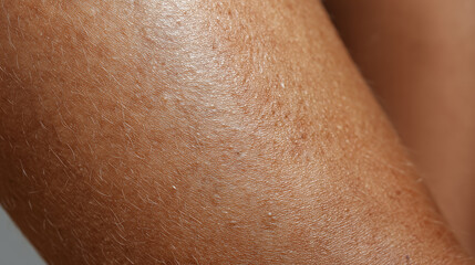 Naklejka premium Macro close up of brown skin with keratosis pilaris bumps on calf area showing dry texture and small raised spots, highlighting natural skin condition and texture