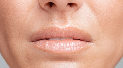 Fototapeta premium Close up of trembling lips with natural skin texture showing anxiety and panic attack symptoms in macro shot, highlighting emotional distress and nervousness