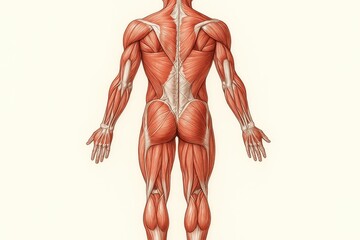 Advanced anatomical visualization showing human muscular system with detailed posterior muscle chain connections