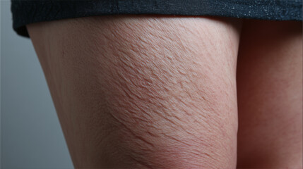 Close up of thigh skin showing stretch marks and texture with natural lighting and fabric edge visible