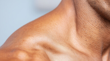 Fototapeta premium Macro close up of shoulder cap area with smooth brown skin and soft light highlighting natural texture and pores, showing detailed human skin surface in warm tones