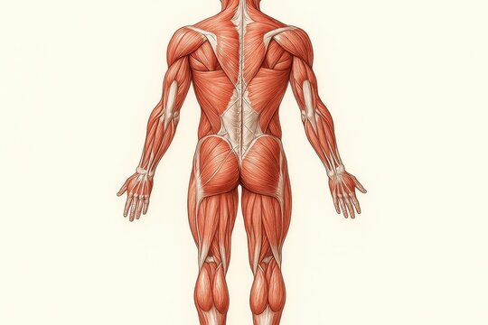 Advanced anatomical visualization showing human muscular system with detailed posterior muscle chain connections