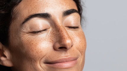 Fototapeta premium Close up of relaxed woman with closed eyes showing natural skin texture and freckles, highlighting calm and peaceful expression with soft skin glow