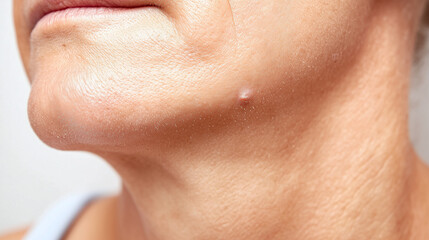 Obraz premium Close up of chin and neck with skin blemish and wrinkle texture on light background showing natural aging skin