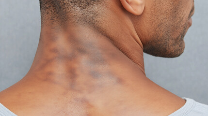 Macro of back neck area with early insulin resistance showing skin texture and discoloration on male adult