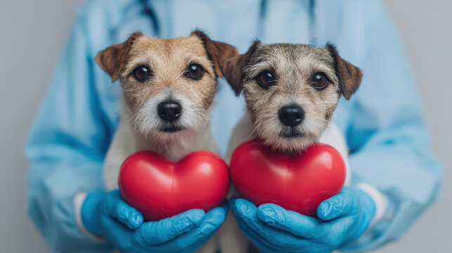 Two small dogs held by a person wearing blue gloves, each dog holding a red heart-shaped object, symbolizing love and care.