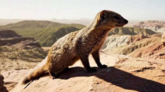 ichneumon mongoose - A curious mongoose stands on a colorful rock formation, surveying the vast landscape of rolling hills and distant mountains under a clear blue sky