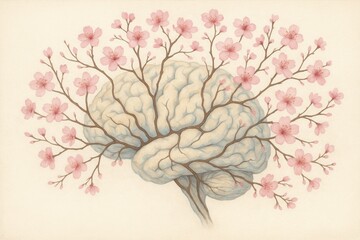 Fototapeta premium Blooming neural pathways illustrated as flowering cherry blossoms representing cognitive wellness