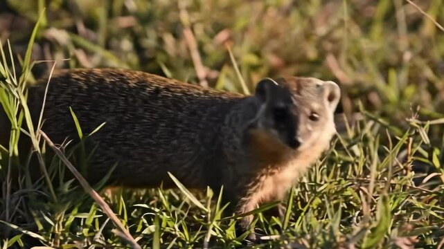 ichneumon mongoose - A mongoose forages in tall grass, showcasing its agile movements while searching for food amidst a vibrant natural landscape under warm sunlight