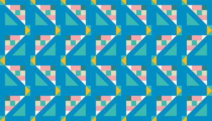 Colorful geometric pattern featuring overlapping triangles, squares, and rectangles in shades of blue, yellow, green, and pink. The bold composition creates a dynamic, seamless textile-style design