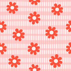 Red daisy flower pattern with pink plaid background 