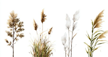 Watercolor painting of four types of dried grasses against a white background