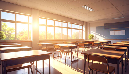 Empty classroom bathed in sunlight