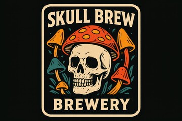 Fototapeta premium Edgy skull-themed craft beer logo with psychedelic mushroom graphics and bold typography