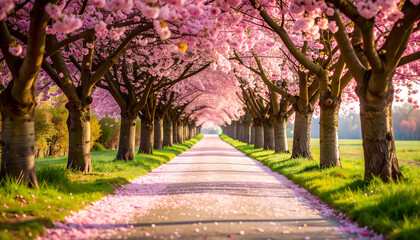 A sunlit path lined with blossoming pink trees, petals strewn on the ground, creating a picturesque spring scene