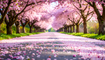 Pink cherry blossoms carpet a pathway