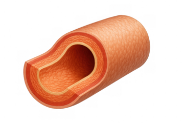Medical illustration of a healthy artery showing endothelial cells, smooth muscle, and connective tissue with transparent background
