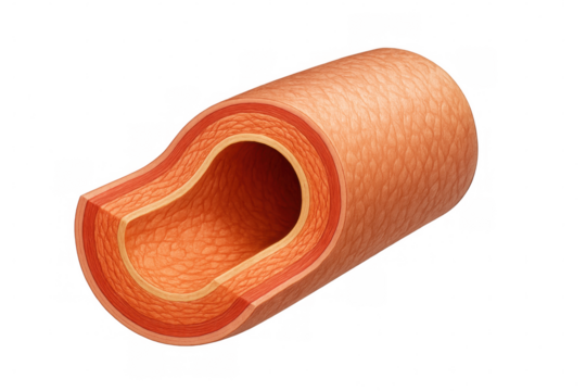 Medical illustration of a healthy artery showing endothelial cells, smooth muscle, and connective tissue with transparent background
