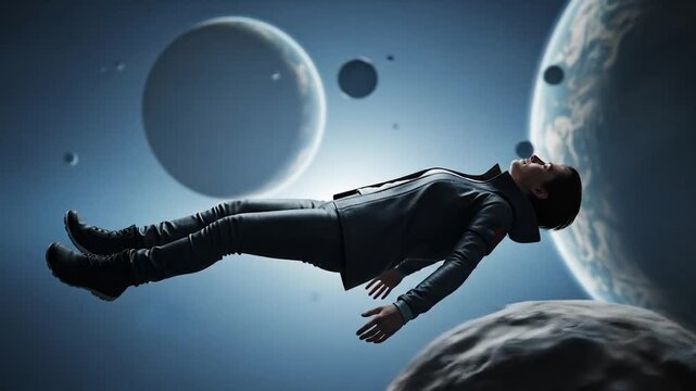 Astronaut Floating in Space with Planets, Cinematic Science Fiction Video Scene