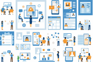Description: A collage of various illustrations showing people engaged in different digital activities such as coding, data analysis, marketing, customer service, and more. Each illustration depicts a