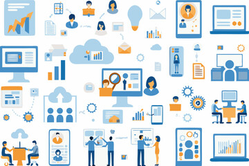 Description: A collage of various illustrations showing people engaged in different digital activities such as coding, data analysis, marketing, customer service, and more. Each illustration depicts a