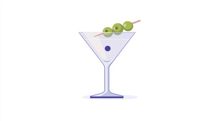 Minimalist flat illustration of a clear martini glass with three green olives on a skewer, elegant curves and light glass shine