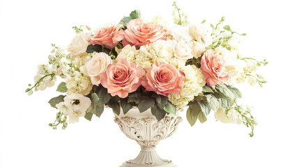 Obraz premium Ornate floral centerpiece arranged on an elegant pedestal table, detailed petals and leaves, classic decorative style