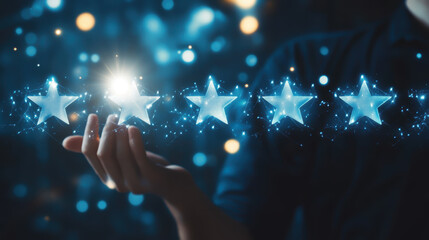 Service provider holding a glowing 5 star review icon in hand, symbolizing customer satisfaction, reputation and modern feedback systems. Concept of quality service, technology and online reputation.