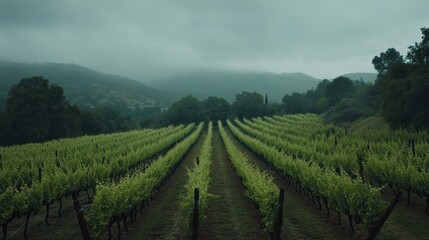 Naklejka premium Vineyard landscape under misty sky