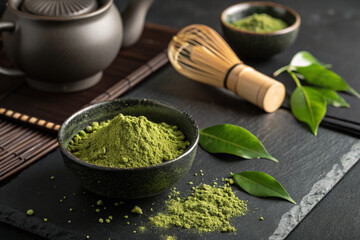 Matcha powder. Tea leaves. Japan. Japanese style. Tea utensils.