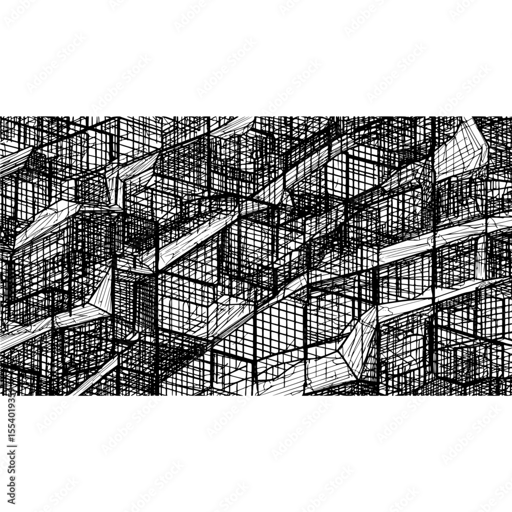 Fototapete abstract geometric art with black lines and white space complex modern design illustration with grid