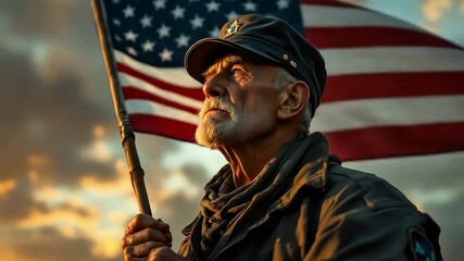 A close-up cinematic portrait of an elderly veteran holding the American flag proudly with a determined look. - Powered by Adobe