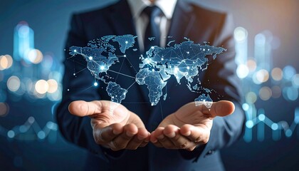 A man in a suit holds his open palm over which a digital line map of continents floats, with a linear growth chart overlaid on top