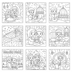 Cute islamic family celebrating maulid nabi with coloring pages isolated on transparent background