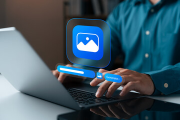 AI image generate on desktop, businessperson using laptop with virtual interface and generate button, symbolizing artificial intelligence, creative automation, and digital design innovation.