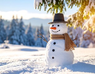 Obraz premium Snowy snowman in winter landscape