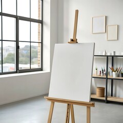 An empty canvas on an easel in a well-lit art studio with large windows.