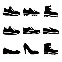 Versatile shoe icon set with stylish sneakers, heels, boots, and flats. Perfect for branding, fashion, web, and print design