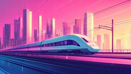 Naklejka premium Futuristic train city sunrise travel illustration