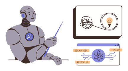 Robot pointing with a stick, teaching with two screens displaying an entangled wire leading to a light bulb and a digital atomic graphic. Ideal for AI education, innovation, coding, STEM learning