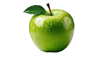 Crisp Green Apple: A close-up, photorealistic shot showcases a perfectly ripe, glistening green apple, adorned with a fresh, vibrant leaf and a subtle focus on its details.