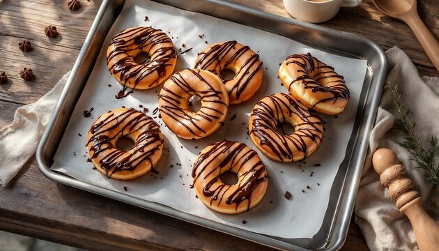 Donuts with Chocolate Icing on Baking Sheet